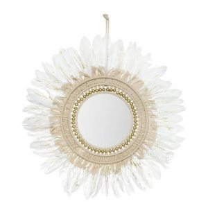 Lustro ozdobne 50 x 50 cm białe w stylu boho z piórami 438528 Lustro ozdobne 50 x 50 cm białe w stylu boho z piórami 438528