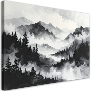 Obraz do salonu sypialni biura, Góry i las we mgle minimalistyczny 60×40 886579 Obraz do salonu sypialni biura, Góry i las we mgle minimalistyczny 60×40 886579