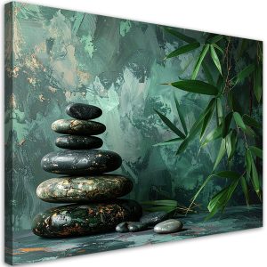 Obraz do salonu sypialni biura, Kamienie zen bambus na zielonym tle 60×40 888466 Obraz do salonu sypialni biura, Kamienie zen bambus na zielonym tle 60×40 888466