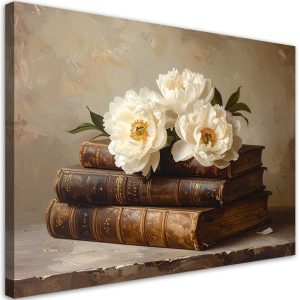 Obraz do salonu sypialni biura kuchni, Kwiaty piwonie ksiązki 90×60 886242 Obraz do salonu sypialni biura kuchni, Kwiaty piwonie ksiązki 90×60 886242