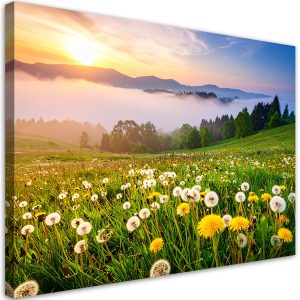 Obraz do salonu sypialni biura, Łąka dmuchawce pejzaż górski 60×40 885802 Obraz do salonu sypialni biura, Łąka dmuchawce pejzaż górski 60×40 885802