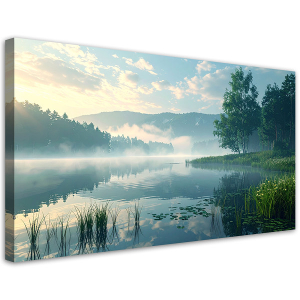 Obraz do salonu sypialni biura, Las jezioro we mgle krajobraz 120x60 887407