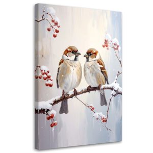 Obraz do salonu sypialni biura, Ptaki na gałęzi w zimie i owoce 80×120 889010 Obraz do salonu sypialni biura, Ptaki na gałęzi w zimie i owoce 80×120 889010