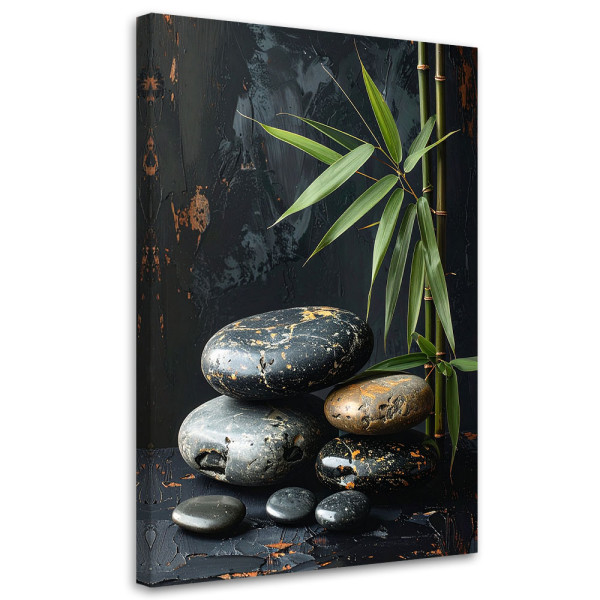 Obraz do salonu sypialni, Czarne kamienie zen spa liście na czarnym 20x30 884693