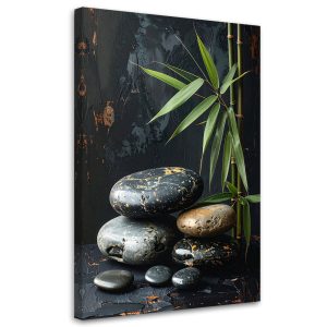 Obraz do salonu sypialni, Czarne kamienie zen spa liście na czarnym 70×100 890968 Obraz do salonu sypialni, Czarne kamienie zen spa liście na czarnym 70×100 890968