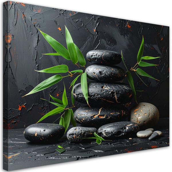 Obraz do salonu sypialni, Czarne kamienie zen spa liście na czarnym 90x60 887750