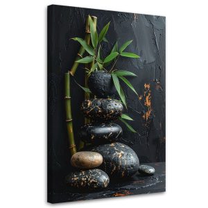 Obraz do salonu sypialni, Kamienie zen spa liście bambusa czarny 60×90 889313 Obraz do salonu sypialni, Kamienie zen spa liście bambusa czarny 60×90 889313