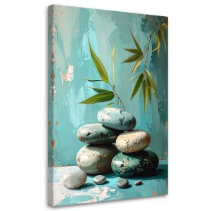 Obraz do salonu sypialni, Kamienie zen spa liście na turkusowym tle 20×30 885076 Obraz do salonu sypialni, Kamienie zen spa liście na turkusowym tle 20×30 885076