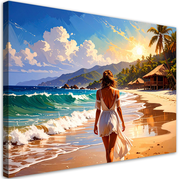 Obraz do salonu sypialni, Kobieta Plaża Morze Palmy 100x70 779294