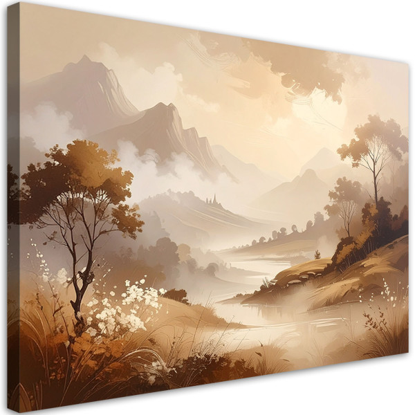 Obraz do salonu sypialni, Pastelowy Pejzaż Gór i Drzew Krajobraz 100x70 887432