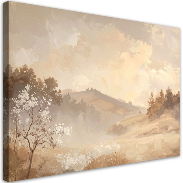 Obraz do salonu sypialni, Pastelowy Pejzaż Gór i Drzew Rustykalny 100x70 887157