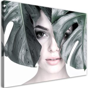 Obraz do salonu sypialni, Portret Kobieta i liście monstery 45×30 888010 Obraz do salonu sypialni, Portret Kobieta i liście monstery 45×30 888010