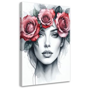 Obraz do salonu sypialni, Portret Kobieta z kwiatami róży na głowie 20×30 889099 Obraz do salonu sypialni, Portret Kobieta z kwiatami róży na głowie 20×30 889099