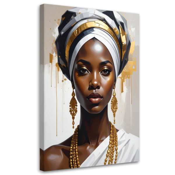 Obraz do salonu sypialni, Portret kobiety w biało złotym turbanie 80x120 884340
