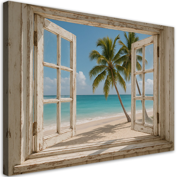 Obraz do salonu sypialni, Widok z okna na plażę palmy Shabby Chic 100x70 780101