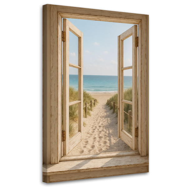 Obraz do salonu w stylu Shabby Chic, Widok z okna na plażę 60x90 780646
