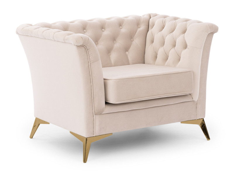 Ropez Chesterfield Derby Bis fotel pikowany wysokie nóżki welur kremowy 674396