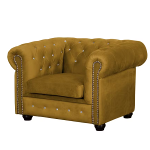 Ropez Chesterfield York fotel kryształki welur musztardowy 249511