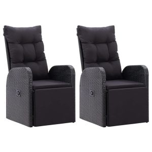 Rozkładane krzesła ogrodowe, poduszki, 2 szt., czarny rattan PE 669095 Rozkładane krzesła ogrodowe, poduszki, 2 szt., czarny rattan PE 669095