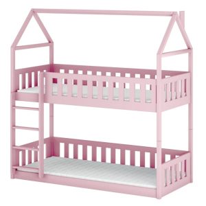 Różowe łóżko piętrowe domek ze stelażem flex POLA 80×200 drewniane 871592
