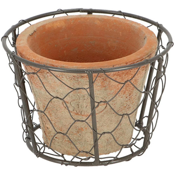 Rustykalna doniczka z terakoty 12.5 cm w metalowym koszyku retro 1043638