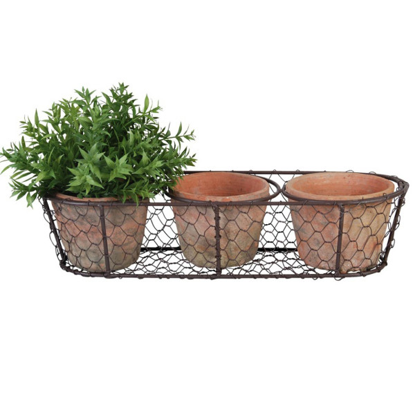 Rustykalny zestaw doniczek z terakoty w stalowym koszyku 37 cm 1043630