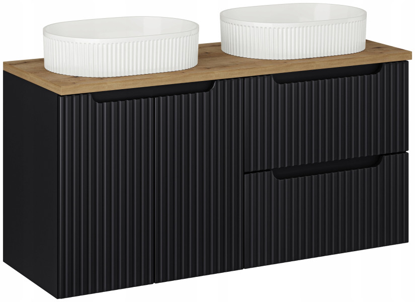 RYFLOWANA CZARNA szafka NOVA BLACK z umywalkami i blatem 120 335678