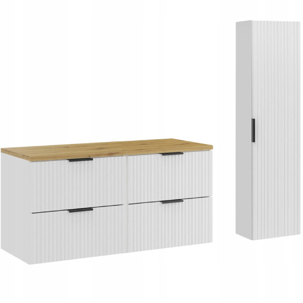 Ryflowane meble ADEL WHITE szafka z blatem DĄB ARTISAN 120 cm + słupek 627777