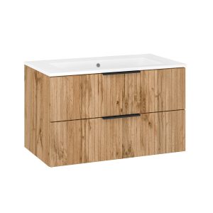 Ryflowany Zestaw Łazienkowy 80cm Szafka z Umywalką Dąb Wotan 1014141